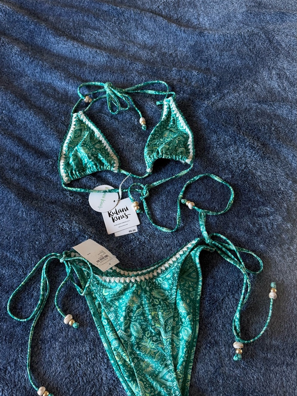 NWT Kulani Kinis Crochet Trim Halter Bikini Top & Crochet Bikini Bottoms👙💚